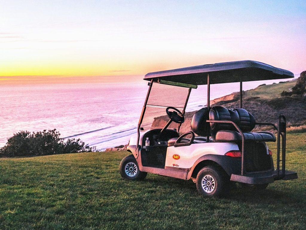 Modern electric golf cart driving quietly in a residential neighbourhood.